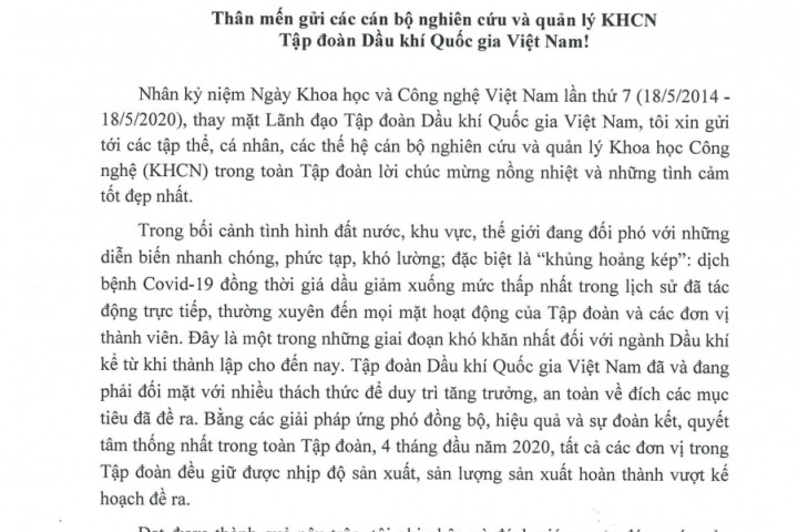 Thư chúc mừng nhân ngày khoa học và Công nghệ Việt Nam năm 2020 
